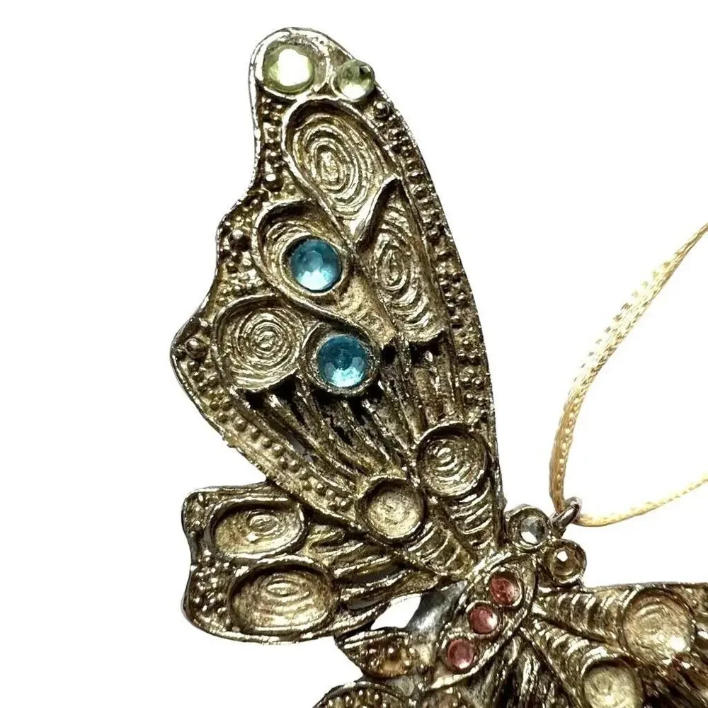 Vintage Silver Dragonfly Ornament with Filigree Work Jeweled Handmade